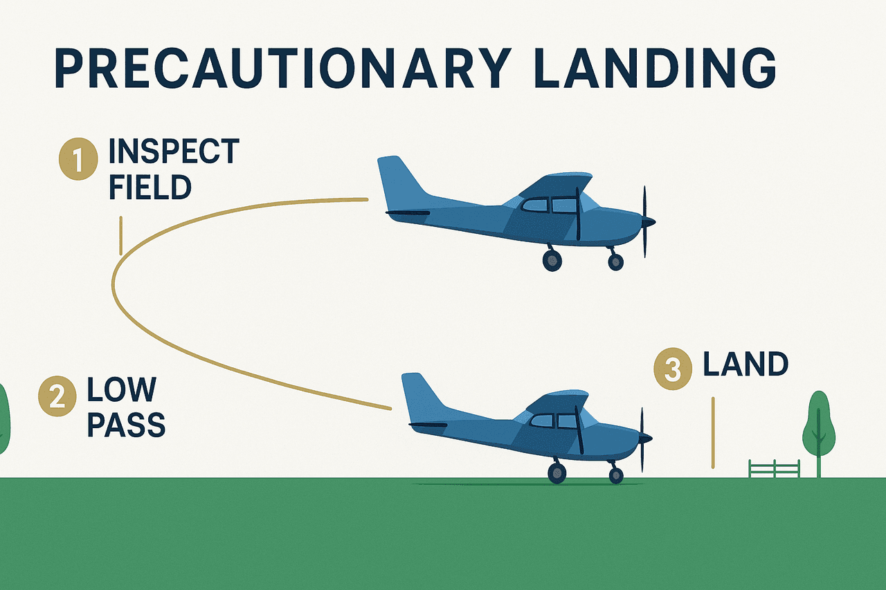 แผนภาพการลงจอดเชิงป้องกัน: ยังมีกำลังเครื่องจึงบินตรวจสนามแบบ low pass ดูพื้นผิว สิ่งกีดขวาง และทิศลมก่อน แล้ววางวงจรลงจอดอย่างเป็นระบบ ต่างจาก forced landing ที่เครื่องยนต์ดับและไม่มีทางเลือก ตัดสินใจเร็วคือกุญแจสำคัญ