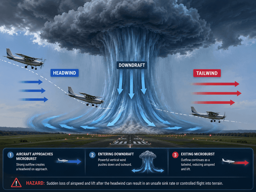 Microburst: ลมพัดลงแล้วตีออกด้านข้าง ทำให้ลมหัวและลมท้ายสลับฉับพลันช่วงร่อนลง