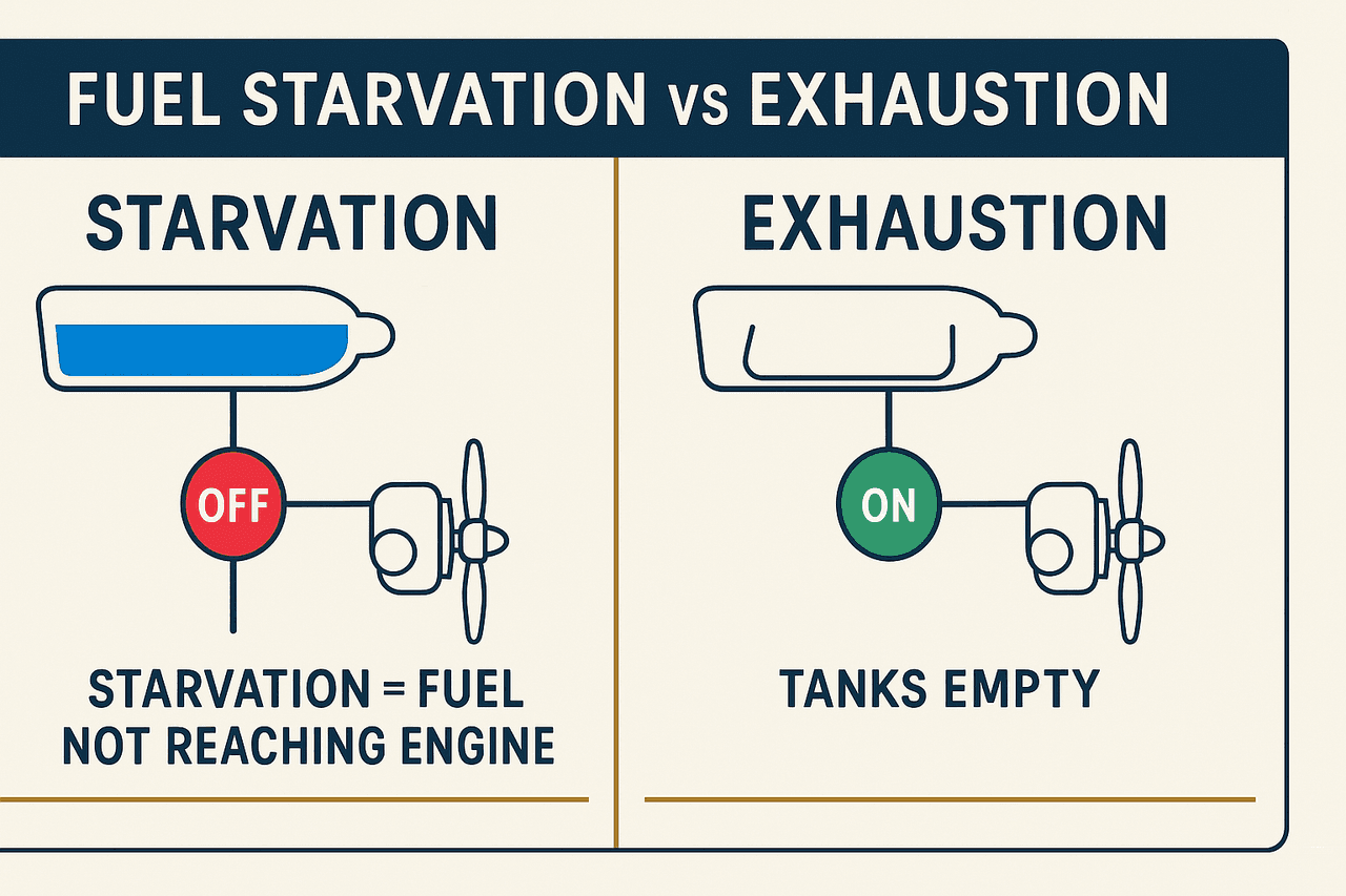 แผนภาพการบริหารเชื้อเพลิงผิดพลาด: fuel starvation คือมีน้ำมันแต่ไหลไปไม่ถึงเครื่อง เช่นเลือกถังผิด ต่างจาก exhaustion ที่หมดทั้งลำ แก้โดยสลับไปถังที่มีเชื้อเพลิง ป้องกันด้วยสลับถังตามแผน ระบายตรวจน้ำ และยืนยันด้วยสายตา