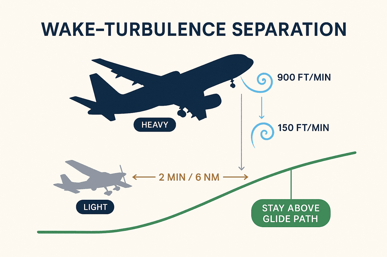 แผนภาพการเว้นระยะ wake turbulence: กระแสวนจากเครื่อง Heavy จมลง 900 ฟุต/นาที ตีออก 150 ฟุต/นาที และเครื่อง Light เว้นระยะ 2 นาที / 6 ไมล์ทะเล