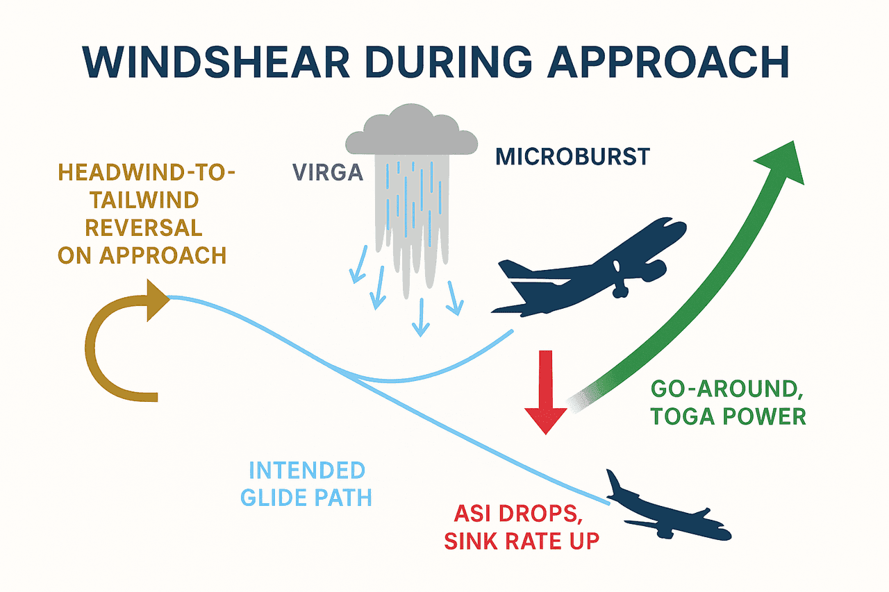 แผนภาพ windshear ขณะร่อนลง: microburst ทำให้ลมหัวสลับเป็นลมท้าย ASI ตกและ sink rate เพิ่ม คำตอบที่ถูกคือ go-around ด้วย TOGA power