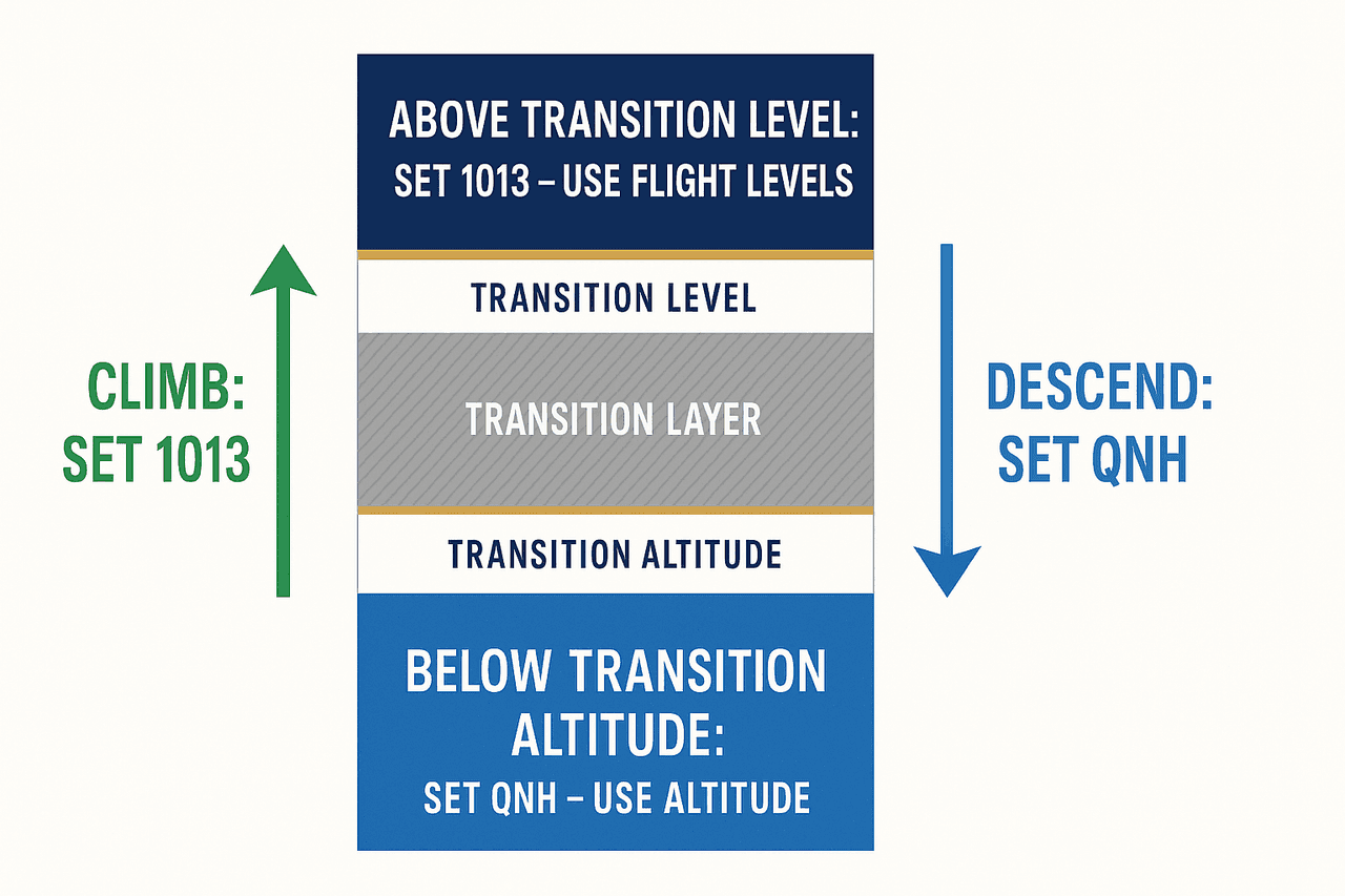 Transition altitude และ transition level: ขาขึ้นเมื่อผ่าน TA ตั้ง 1013 รายงานเป็น FL, ขาลงเมื่อผ่าน TL ตั้ง QNH รายงานเป็น altitude, ชั้น transition layer ระหว่างกลางห้ามบินระดับ
