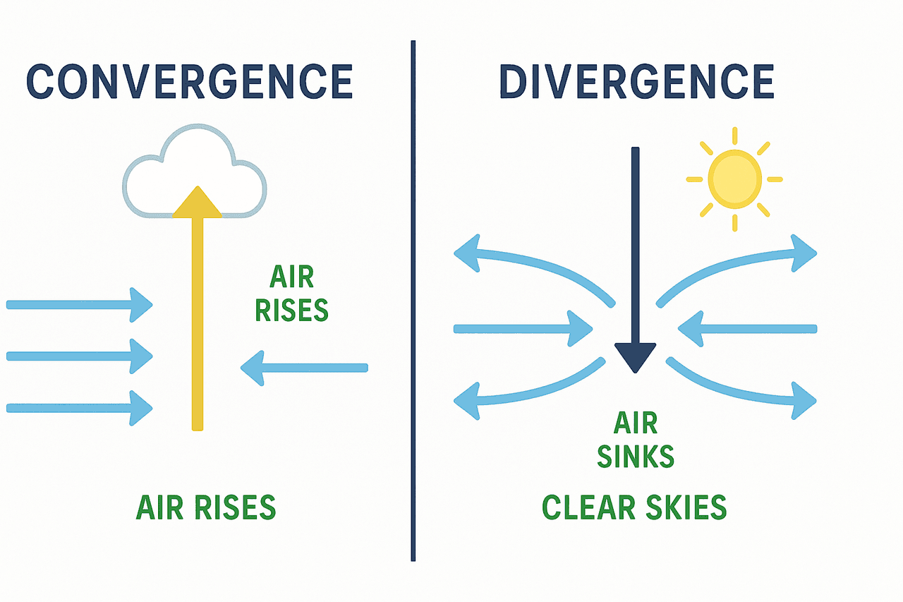 การไหลมารวมและแยกออกของอากาศ: อากาศไหลมารวมกัน (convergence) บังคับให้ยกตัวเกิดเมฆฝนในความกดอากาศต่ำ ส่วนการไหลแยกออก (divergence) ที่ระดับสูงทำให้อากาศจมตัว (subsidence) ฟ้าใสในความกดอากาศสูง