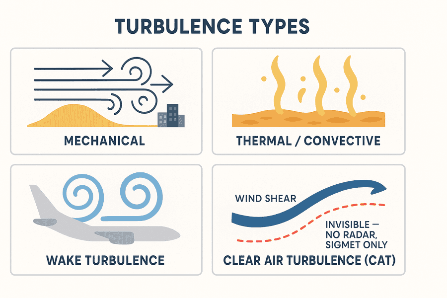 ชนิดของความปั่นป่วนแบ่งตามต้นกำเนิด: เชิงกล (mechanical) จากลมพัดผ่านสิ่งกีดขวาง, เชิงความร้อน (thermal) จากกระแสอากาศร้อนยกตัว, wake turbulence จากอากาศยานลำอื่น และ CAT (clear air turbulence) ที่รอยต่อแรงลมเฉือนใกล้เจ็ตสตรีม