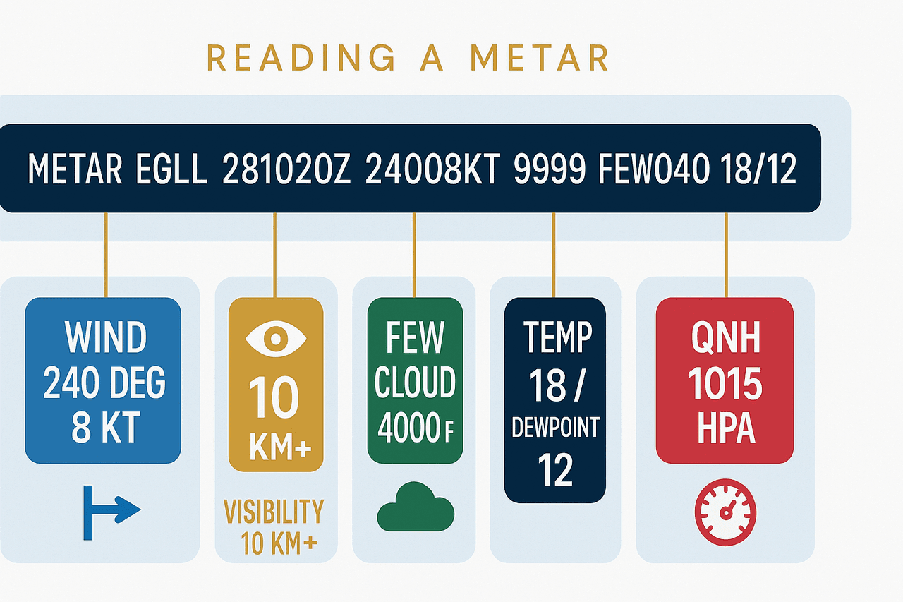 ตัวอย่างการถอดรหัส METAR ของสนามบินสุวรรณภูมิ (VTBS) แสดงความหมายของแต่ละช่อง: รหัสสนามบิน, เวลา UTC, ลม, ทัศนวิสัย, เมฆ, อุณหภูมิและจุดน้ำค้าง, QNH