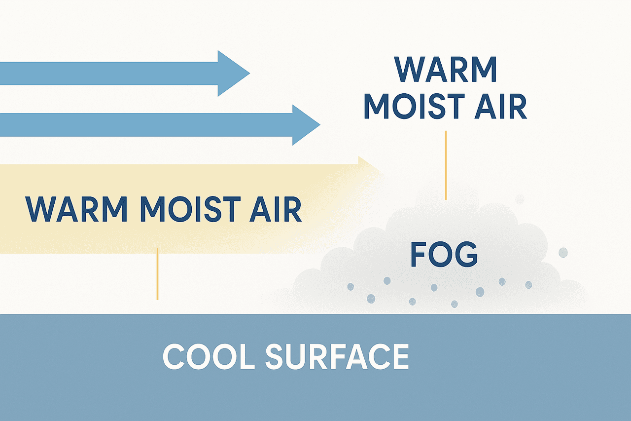 หมอกพัดพา (advection fog): อากาศอุ่นชื้นพัดในแนวนอนเหนือพื้นผิวที่เย็นกว่า กลั่นตัวเป็นหมอกที่ไม่สลายตัวเมื่อพระอาทิตย์ขึ้น และจะสลายก็ต่อเมื่อลมเปลี่ยน