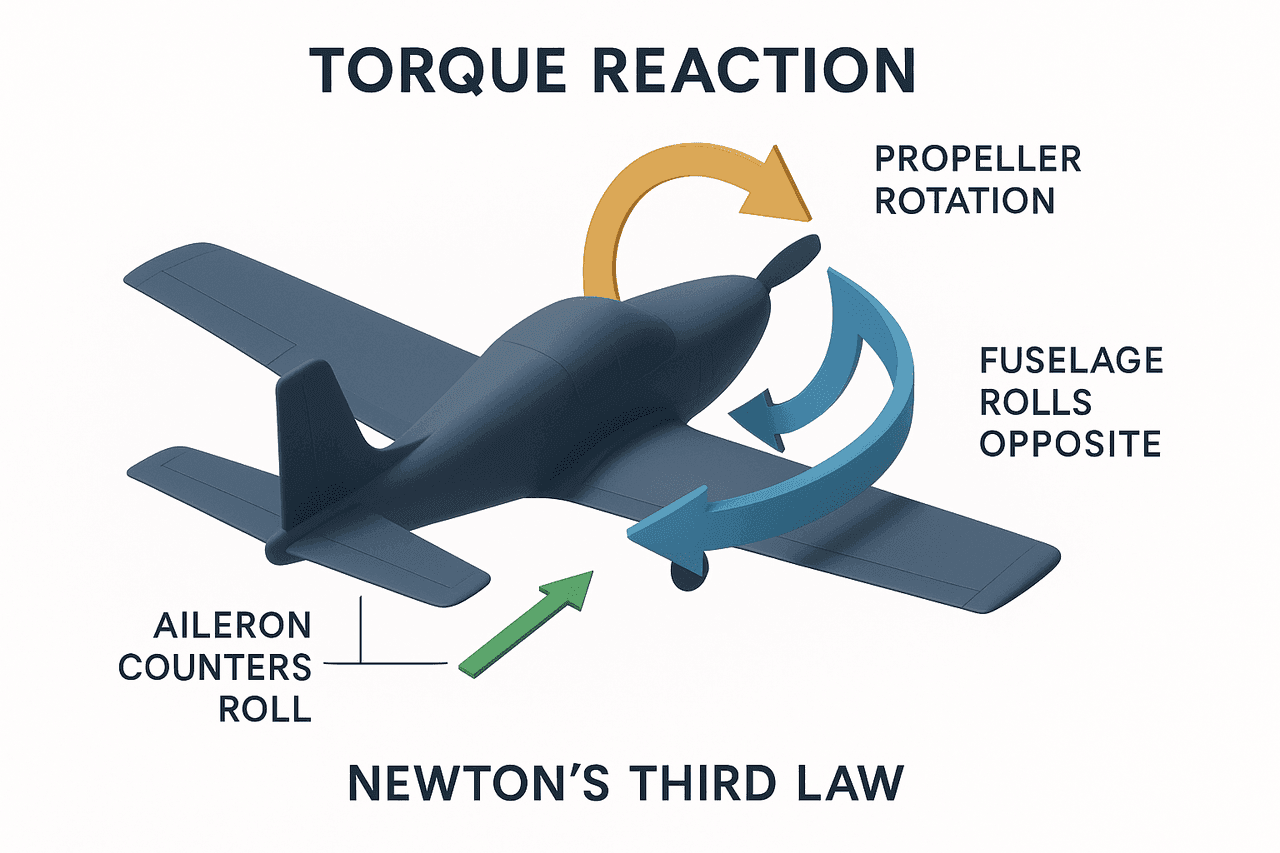Torque reaction: เมื่อใบพัดหมุนทางหนึ่ง ตัวเครื่องเอียงสวนทาง