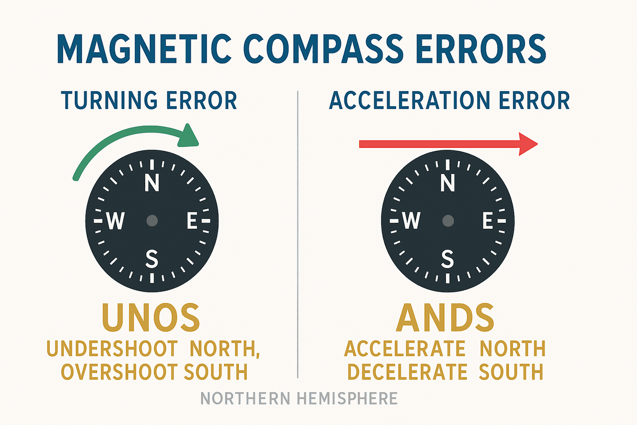 ข้อผิดพลาดของเข็มทิศในซีกโลกเหนือ: Turning errors (UNOS — Undershoot North, Overshoot South) และ Acceleration errors (ANDS — Accelerate North, Decelerate South)