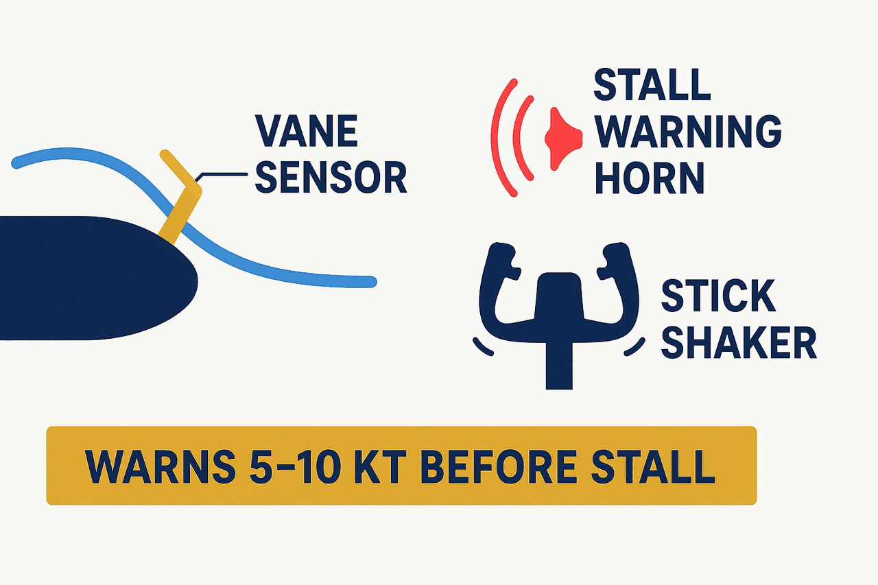 ระบบเตือน stall: vane/reed sensor ที่ leading edge ของปีกตรวจจับมุมปะทะที่เพิ่มขึ้นและเตือนด้วย horn ประมาณ 5–10 นอตก่อน stall ส่วนเครื่องใหญ่ใช้ stick shaker สั่นที่คันบังคับ