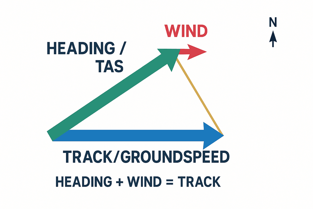 แผนภาพสามเหลี่ยมลมแสดงเวกเตอร์ Track 090° ระยะ 50 NM, TAS 100 kt และลม 360°/20 พร้อมมุมเยื้องลม WCA 12° ได้ Heading 078°, GS 100 kt และ ETA 30 นาที