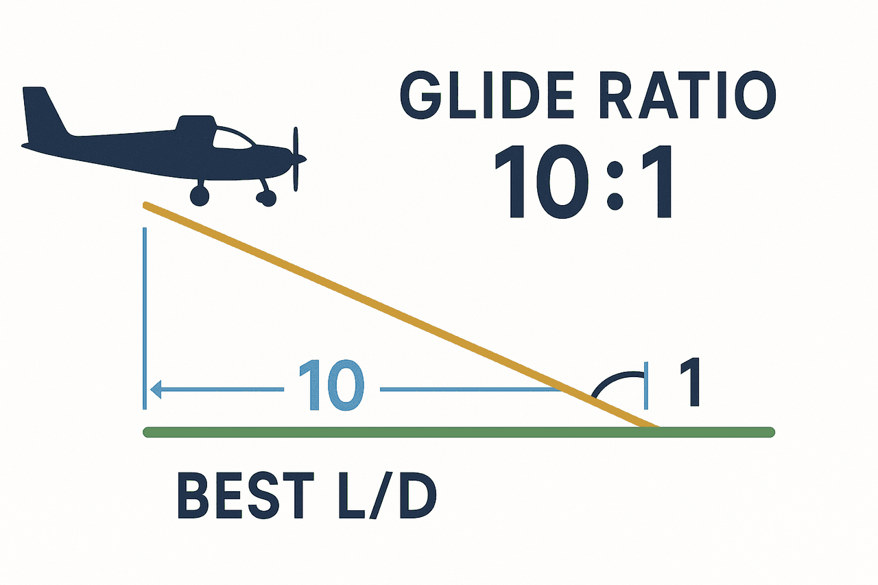 Glide ratio คงที่ (เช่น 10:1) แต่ลมเปลี่ยน ground range: ลมหัว (headwind) ทำให้ระยะพื้นสั้นลง ลมตาม (tailwind) ทำให้ระยะพื้นยาวขึ้น แม้มุมร่อนเท่ากัน