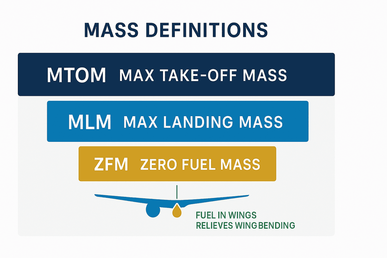 แผนภาพนิยามน้ำหนักจำกัด MTOM, MLM และ MZFM พร้อมผลของตำแหน่ง CG หน้า (เสถียร เงยหัวยาก) และ CG หลัง (ไว กู้สตอลยาก) บนกรอบขีดจำกัด CG