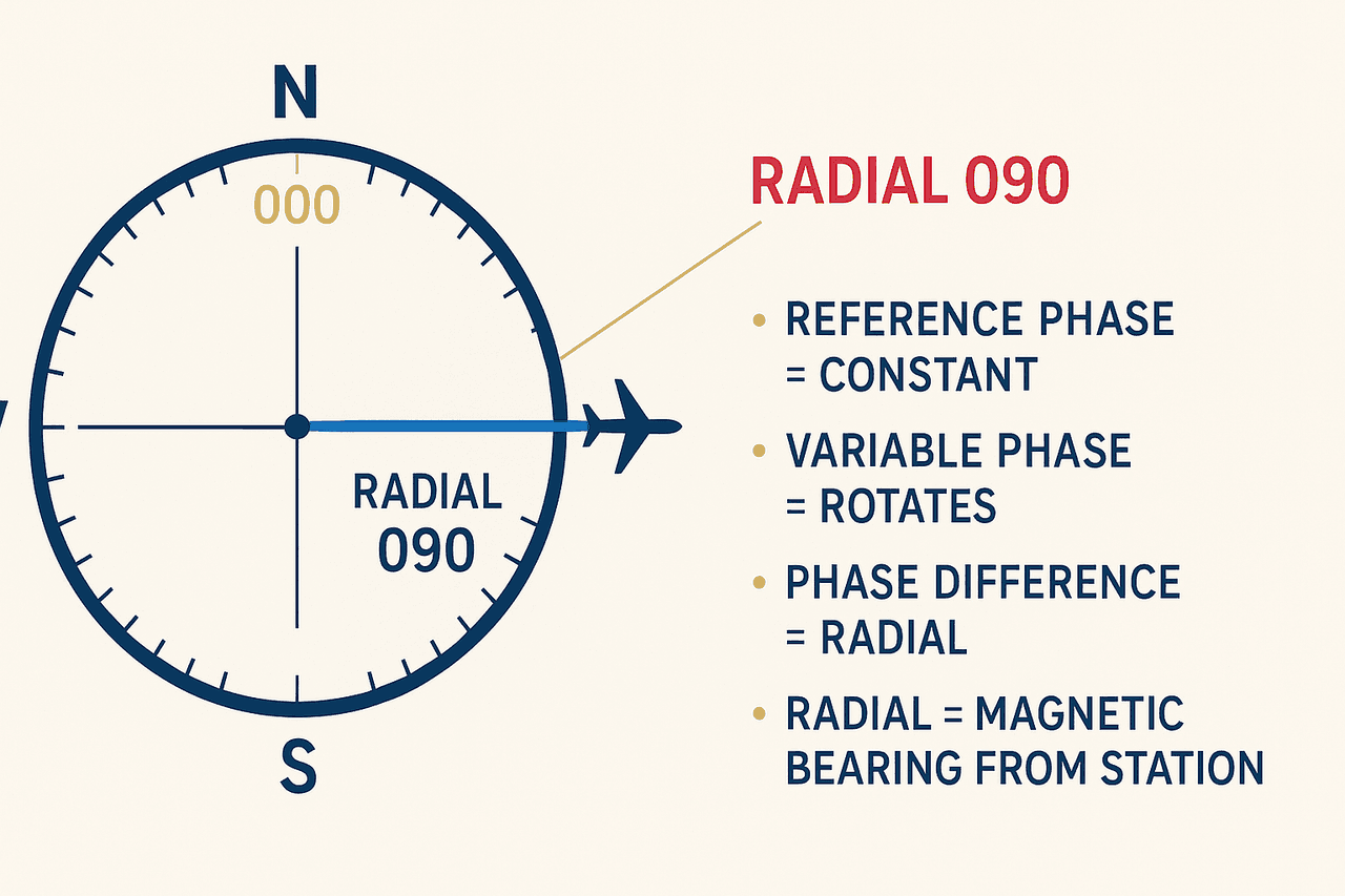 หลักการทำงานของ VOR: สถานีส่ง reference phase รอบทิศและ variable phase หมุนกวาด เครื่องรับวัดความต่างเฟสเพื่อบอก radial เช่น radial 090