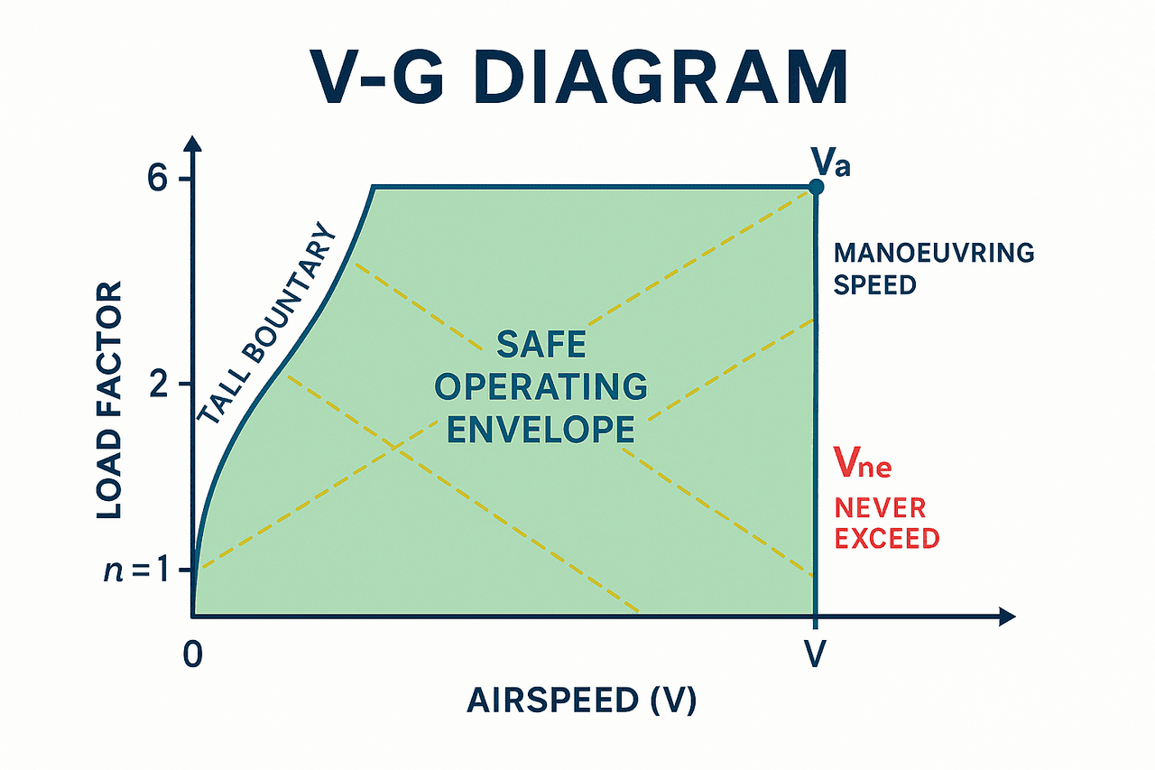 แผนภาพ VG / V-n diagram แสดงขอบเขต manoeuvre envelope เส้น gust ตำแหน่ง Va และ Vne พร้อมพื้นที่ปลอดภัย