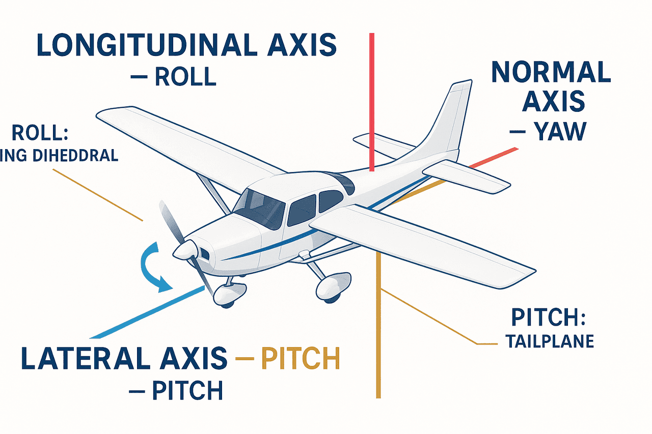 แผนภาพเครื่องบินแสดงสามแกน roll-aileron-longitudinal, pitch-elevator-lateral, yaw-rudder-normal พร้อม dihedral ให้เสถียรภาพด้านข้างและ fin ให้เสถียรภาพทิศทาง