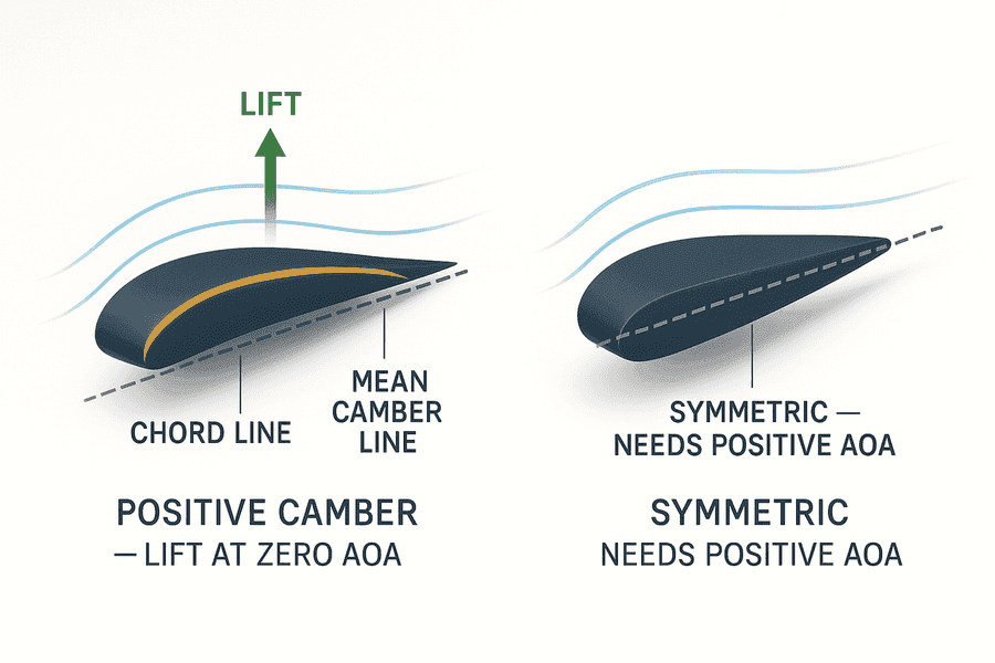 แผนภาพเปรียบเทียบปีก cambered ที่มี mean camber line โค้งเหนือเส้นคอร์ดกับปีก symmetric ที่เส้นทั้งสองทับกัน