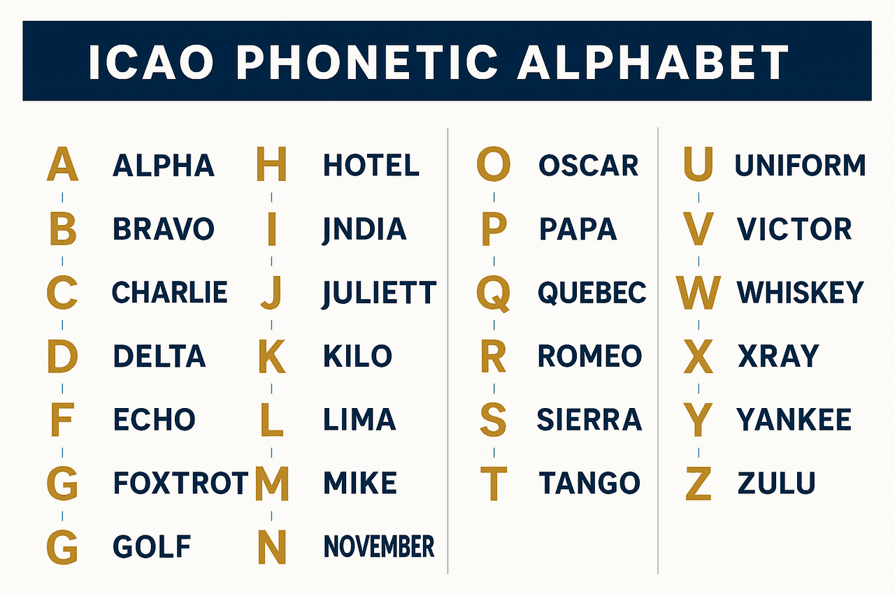ตารางอักษร ICAO Phonetic Alphabet ครบ 26 ตัว A=ALPHA ถึง Z=ZULU