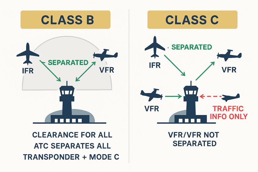 แผนภาพเปรียบเทียบ Class B ที่ ATC แยกทุกอากาศยานกับ Class C ที่ไม่แยกคู่ VFR/VFR