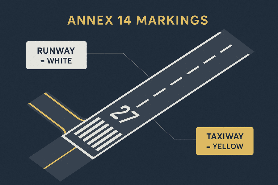 ผังมุมบนแสดงเครื่องหมายทางวิ่งสีขาวและเครื่องหมายทางขับสีเหลืองตาม ICAO Annex 14
