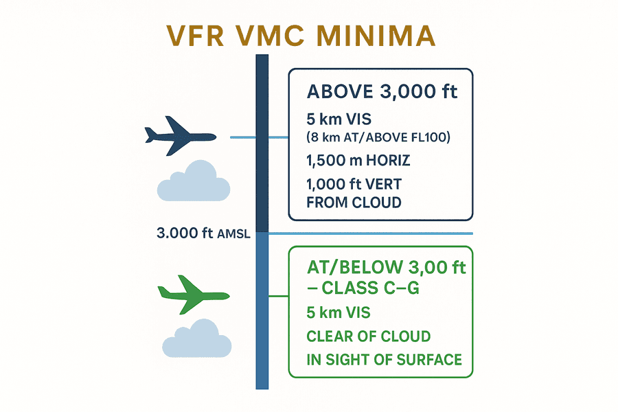 แผนภาพเกณฑ์ VMC แยกการบินเหนือ 3,000 ฟุต กับบินต่ำใน Class C–G ที่ใช้พ้นเมฆเห็นพื้น