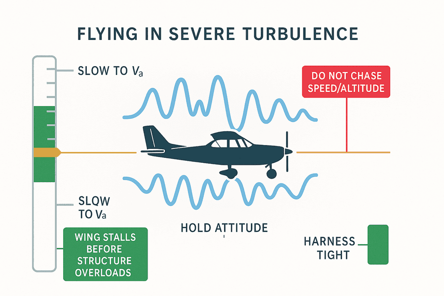 แผนภาพการบินในสภาพปั่นป่วนรุนแรง: ลดความเร็วสู่ turbulence penetration speed ใกล้เคียง Va บินรักษาท่าทางคงที่ ไม่ไล่ตามความเร็วหรือความสูง รัดเข็มขัดแน่น