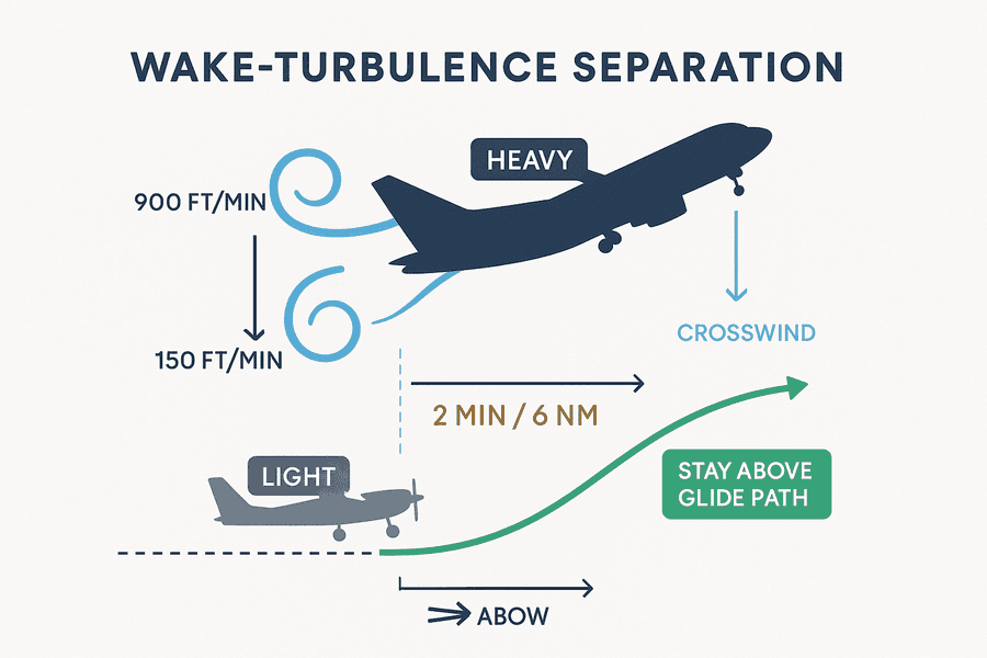 แผนภาพการเว้นระยะ wake turbulence: กระแสวนจากเครื่อง Heavy จมลง 900 ฟุต/นาที ตีออก 150 ฟุต/นาที และเครื่อง Light เว้นระยะ 2 นาที / 6 ไมล์ทะเล