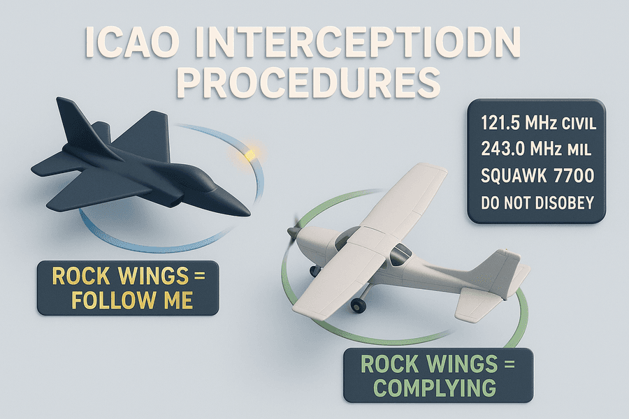 แผนภาพขั้นตอนการสกัดกั้นทางอากาศตาม ICAO: เครื่องสกัดกั้นอยู่ซ้าย-หน้าโยกปีกสั่งให้ตาม เครื่องพลเรือนโยกปีกตอบรับ พร้อมความถี่ 121.5/243.0 MHz และ squawk 7700