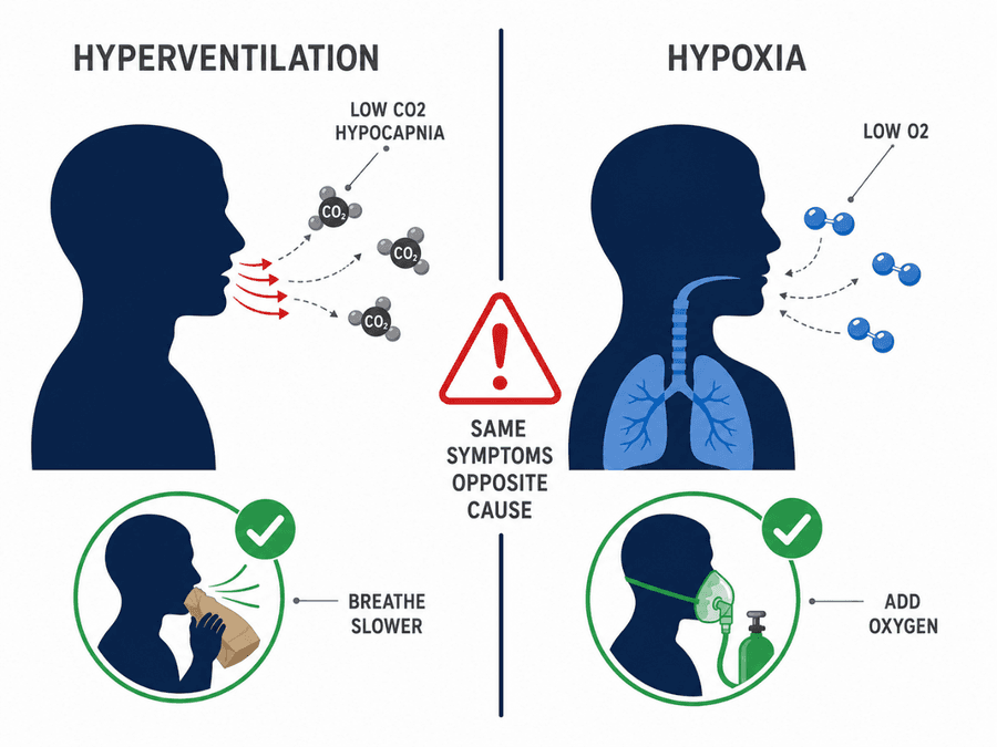 เปรียบเทียบ hyperventilation (CO₂ ต่ำ) กับ hypoxia (O₂ ต่ำ) อาการคล้ายกันแต่สาเหตุและวิธีแก้ตรงข้ามกัน