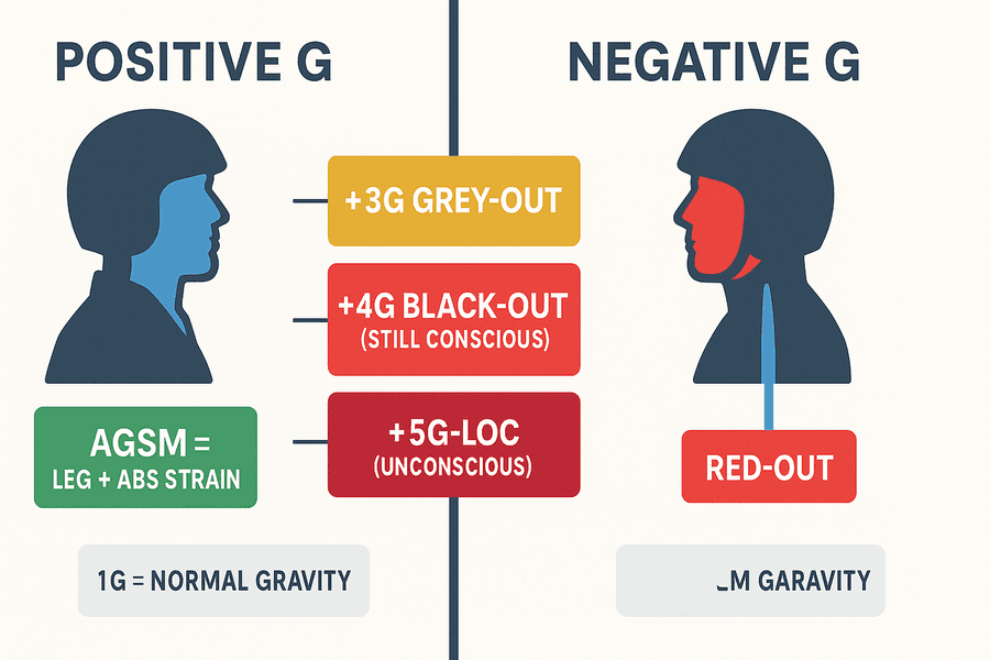 แรงจี: G บวกดึงเลือดลงจากสมอง เกิด grey-out, black-out (ยังรู้ตัว), G-LOC (หมดสติ) ส่วน G ลบดันเลือดขึ้นศีรษะเกิด red-out ต้านด้วย AGSM
