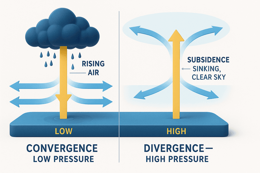 การไหลมารวมและแยกออกของอากาศ: อากาศไหลมารวมกัน (convergence) บังคับให้ยกตัวเกิดเมฆฝนในความกดอากาศต่ำ ส่วนการไหลแยกออก (divergence) ที่ระดับสูงทำให้อากาศจมตัว (subsidence) ฟ้าใสในความกดอากาศสูง