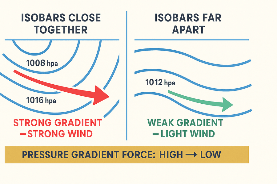 ความลาดของความกดอากาศกับความเร็วลม: เส้นความกดเท่า (isobars) ที่อยู่ชิดกัน = gradient แรง ลมแรง ส่วน isobars ที่ห่างกัน = gradient อ่อน ลมเบา แรงเกรเดียนต์ความกดผลักอากาศจากความกดสูงไปต่ำ