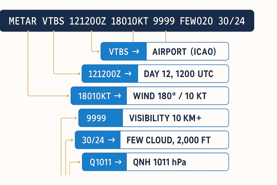 ตัวอย่างการถอดรหัส METAR ของสนามบินสุวรรณภูมิ (VTBS) แสดงความหมายของแต่ละช่อง: รหัสสนามบิน, เวลา UTC, ลม, ทัศนวิสัย, เมฆ, อุณหภูมิและจุดน้ำค้าง, QNH
