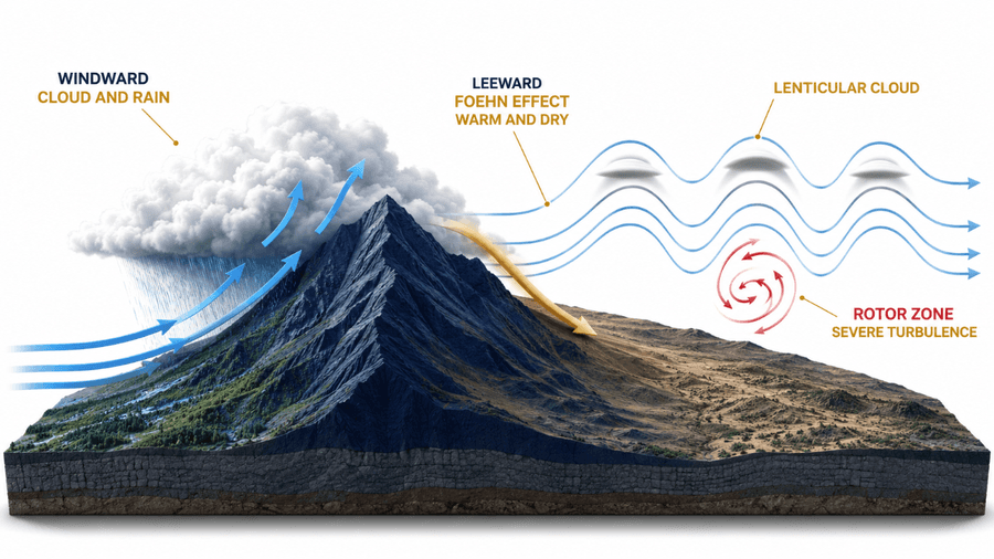 Orographic uplift และ mountain wave: ด้านรับลมเกิดเมฆและฝน ด้านท้ายลมอากาศอุ่นแห้ง (Foehn effect) เกิดคลื่นภูเขา เมฆ lenticular บนยอดคลื่น และ rotor zone ที่ปั่นป่วนรุนแรง