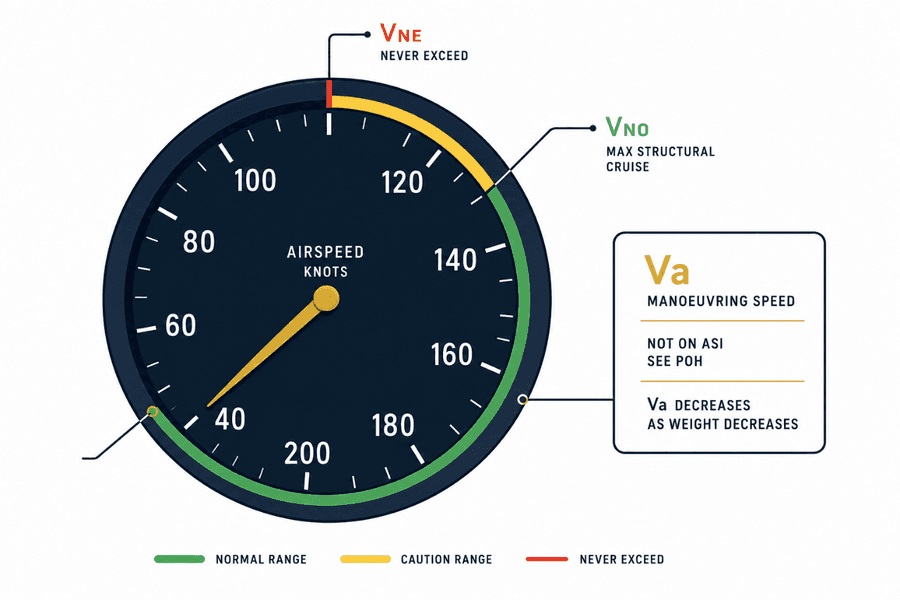 ขีดจำกัดความเร็วโครงสร้างบนหน้าปัด ASI: Vne (เส้นแดง ห้ามเกิน), Vno (ปลายบนของส่วนสีเขียว) และ Va (ไม่แสดงบนหน้าปัด ดูจาก POH และลดลงเมื่อน้ำหนักลดลง)