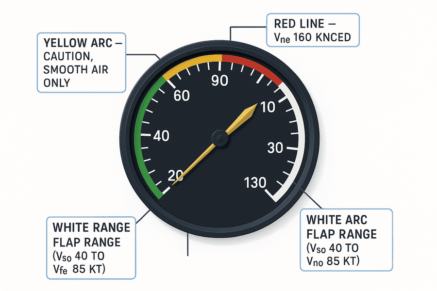 หน้าปัดมาตรวัดความเร็วแสดงแถบสี: แถบขาวคือย่านแฟลป (Vs0 ถึง Vfe) แถบเขียวคือย่านปกติ (Vs1 ถึง Vno) แถบเหลืองคือย่านระวังใช้เฉพาะอากาศนิ่ง และเส้นแดงคือ Vne ห้ามเกิน