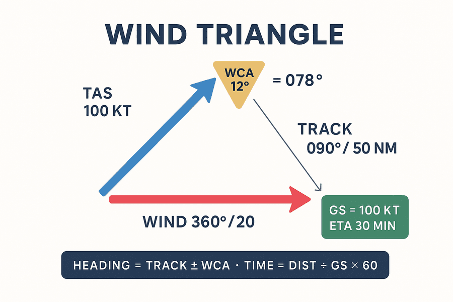 แผนภาพสามเหลี่ยมลมแสดงเวกเตอร์ Track 090° ระยะ 50 NM, TAS 100 kt และลม 360°/20 พร้อมมุมเยื้องลม WCA 12° ได้ Heading 078°, GS 100 kt และ ETA 30 นาที