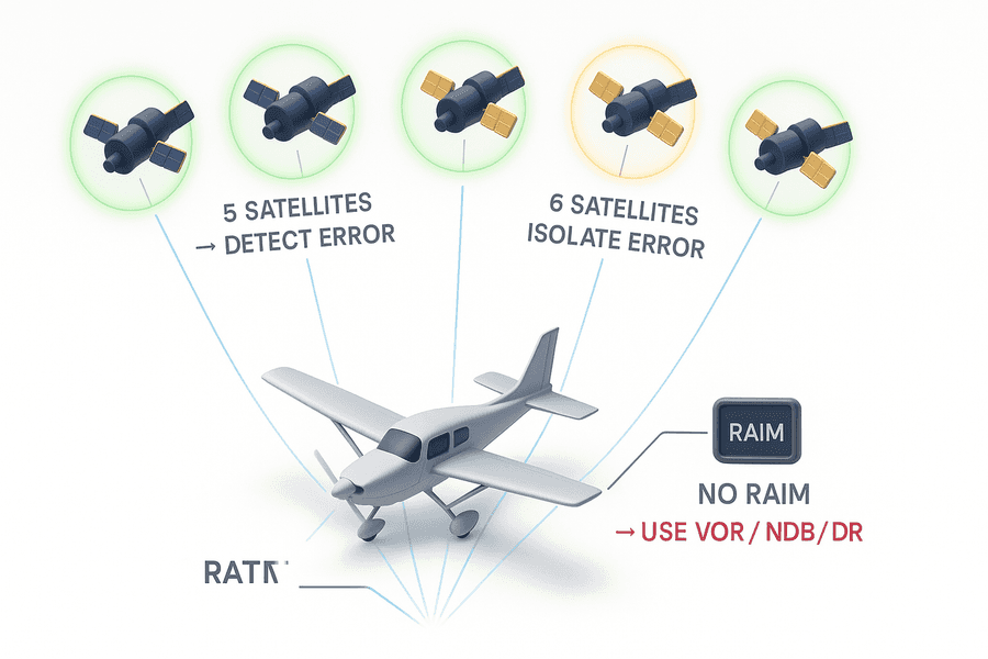 RAIM ของ GPS/GNSS ต้องการดาวเทียมอย่างน้อย 5 ดวงเพื่อตรวจจับข้อผิดพลาด และ 6 ดวงเพื่อระบุดวงที่ผิดและตัดออก หากไม่มี RAIM ต้องใช้ VOR NDB หรือ DR เป็นวิธีนำทางสำรอง