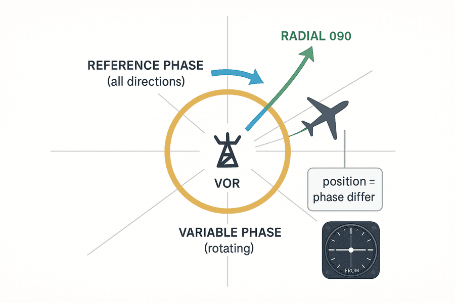หลักการทำงานของ VOR: สถานีส่ง reference phase รอบทิศและ variable phase หมุนกวาด เครื่องรับวัดความต่างเฟสเพื่อบอก radial เช่น radial 090