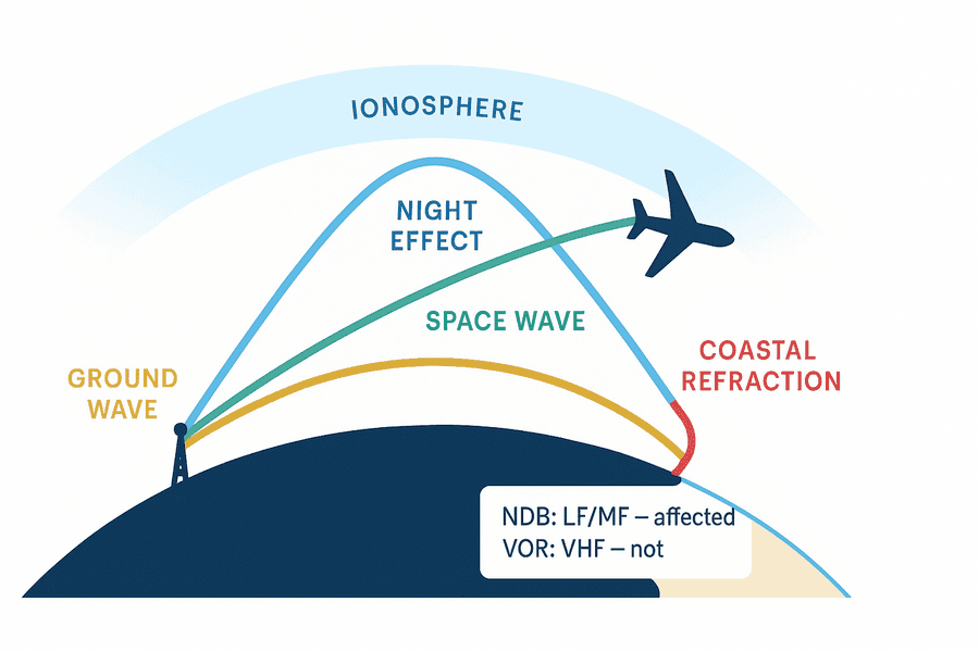 การแพร่กระจายคลื่นวิทยุ: ground wave เลาะผิวโลก, sky wave สะท้อน ionosphere เกิด night effect, space wave แนวสายตา และ coastal refraction ที่ชายฝั่ง