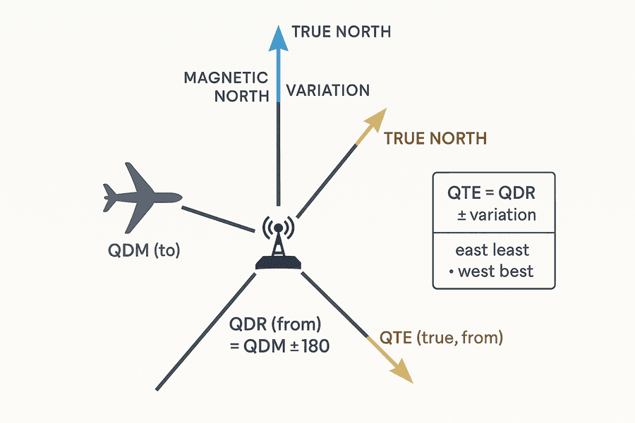 ความสัมพันธ์ QDM QDR QTE: QDM ทิศแม่เหล็กเข้าหาสถานี, QDR ทิศแม่เหล็กออกจากสถานี (QDM บวกลบ 180), QTE ทิศจริงออกจากสถานี = QDR แก้ค่า variation