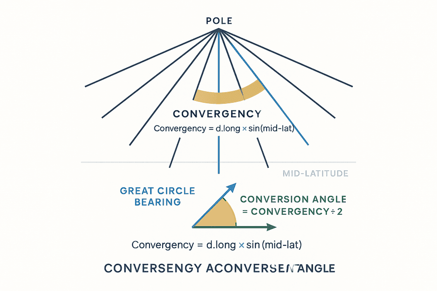 Convergency: meridian บรรจบกันที่ขั้วโลกทำให้มุมระหว่างเส้นแคบลงเมื่อเข้าใกล้ขั้ว และ Conversion Angle = Convergency ÷ 2 ใช้แปลง great circle bearing เป็น rhumb line bearing