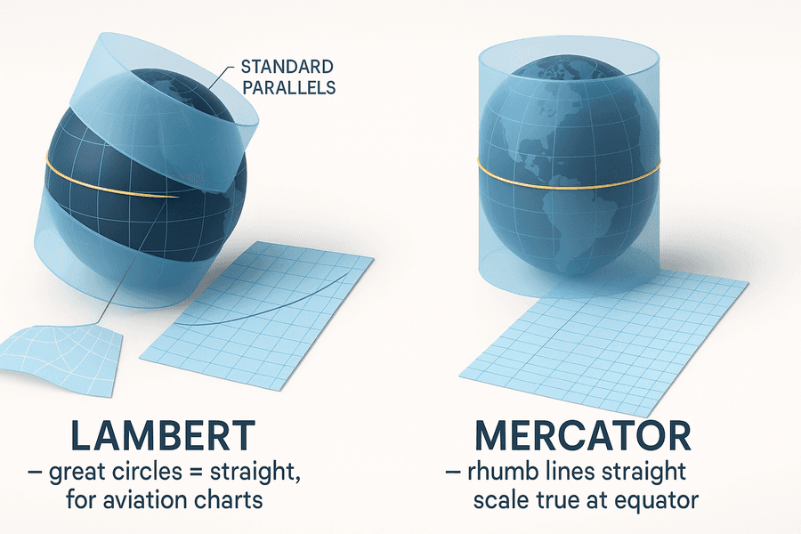เปรียบเทียบแผนที่ Lambert Conformal Conic (กรวยตัดที่ standard parallels สองเส้น great circle เกือบเป็นเส้นตรง เหมาะกับแผนที่การบิน) กับ Mercator (กระบอกสัมผัสเส้นศูนย์สูตร rhumb line เป็นเส้นตรง scale แม่นเฉพาะที่เส้นศูนย์สูตร)