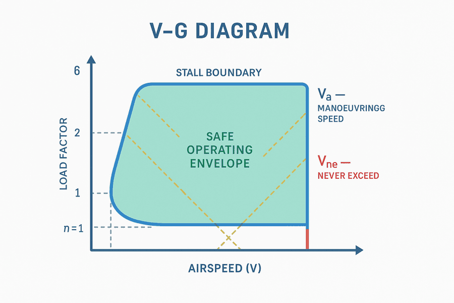 แผนภาพ VG / V-n diagram แสดงขอบเขต manoeuvre envelope เส้น gust ตำแหน่ง Va และ Vne พร้อมพื้นที่ปลอดภัย