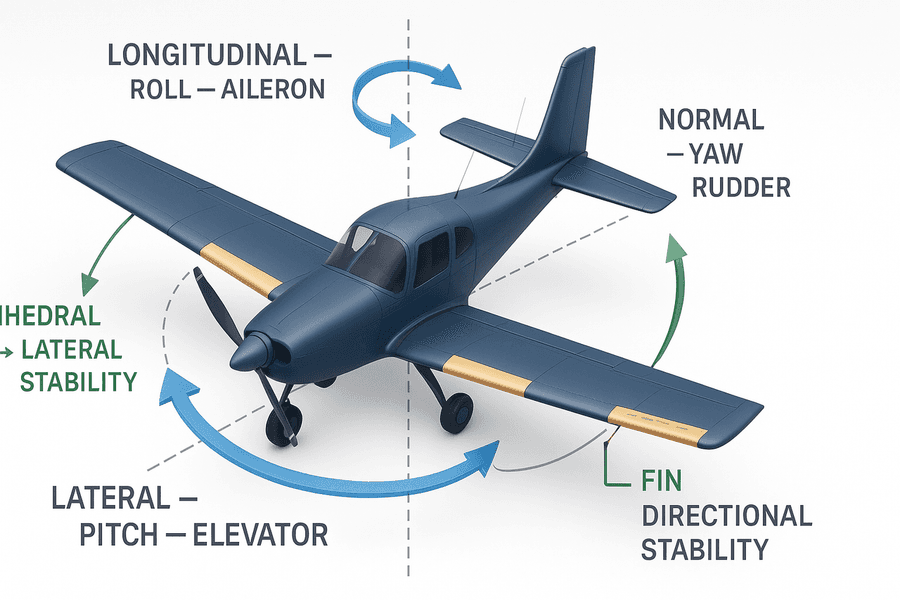 แผนภาพเครื่องบินแสดงสามแกน roll-aileron-longitudinal, pitch-elevator-lateral, yaw-rudder-normal พร้อม dihedral ให้เสถียรภาพด้านข้างและ fin ให้เสถียรภาพทิศทาง