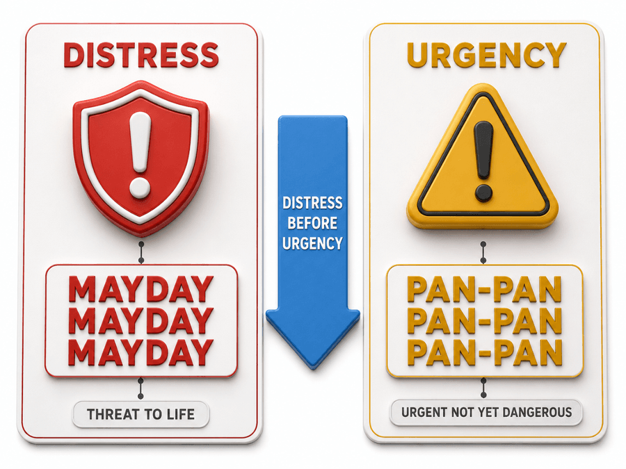 เปรียบเทียบข้อความฉุกเฉิน: เหตุอันตราย (Distress) ใช้ MAYDAY สามครั้งเมื่อคุกคามชีวิต มาก่อนเหตุเร่งด่วน (Urgency) ที่ใช้ PAN-PAN สามครั้งเมื่อเร่งด่วนแต่ยังไม่ถึงขั้นอันตราย
