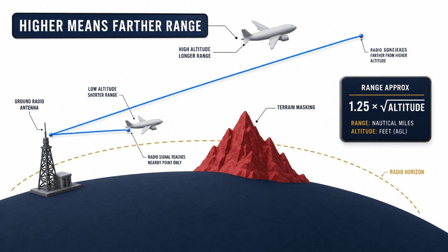 การแพร่คลื่น VHF แบบ line-of-sight: คลื่นเดินทางเป็นเส้นตรง ยิ่งบินสูงเส้นขอบฟ้าวิทยุยิ่งขยาย รับสัญญาณได้ไกลขึ้น และภูเขาสามารถบดบังสัญญาณได้ (terrain masking)